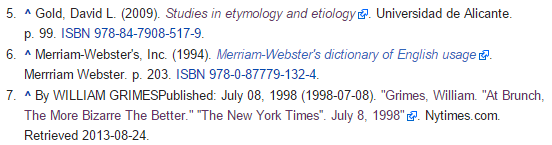 Screenshot from Wikipedia page "Brunch" listing several citations.